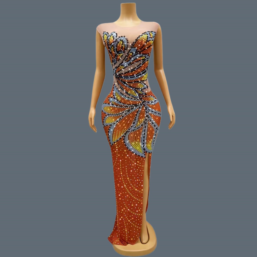 Sparkly Rhinestone Club Party Dress - Damska Sukienka Maxi Bez Rękawów z
