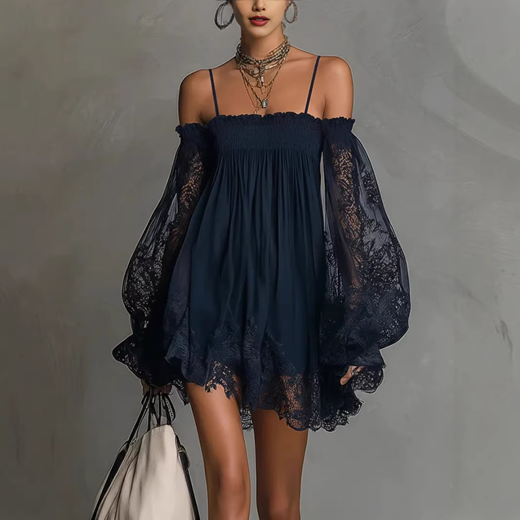 Off Shoulder Puff Sleeve Sundress - Sukienka mini z odkrytymi ramionami, koronkowa,