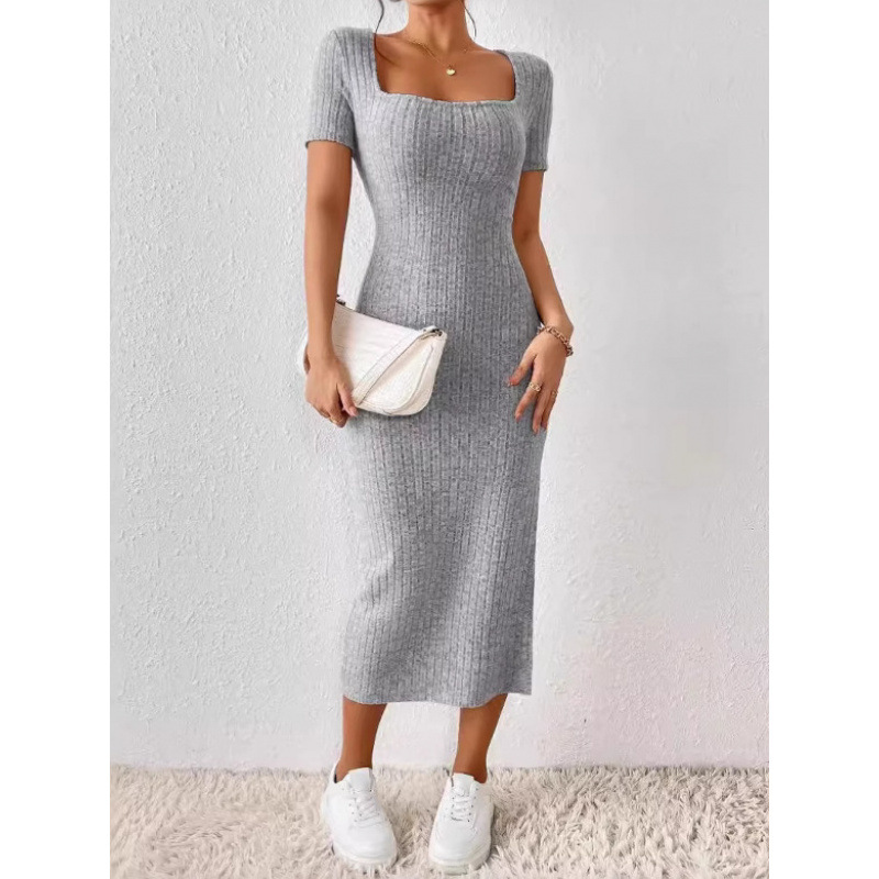 Bodycon Long Sleeve Ribbed Dress - Sukienka midi damska w stylu vintage,