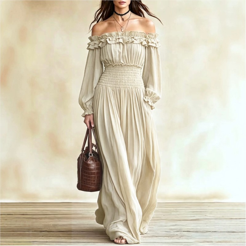 Off Shoulder Puff Sleeve Sundress - Damska sukienka maxi z odkrytymi ramionami