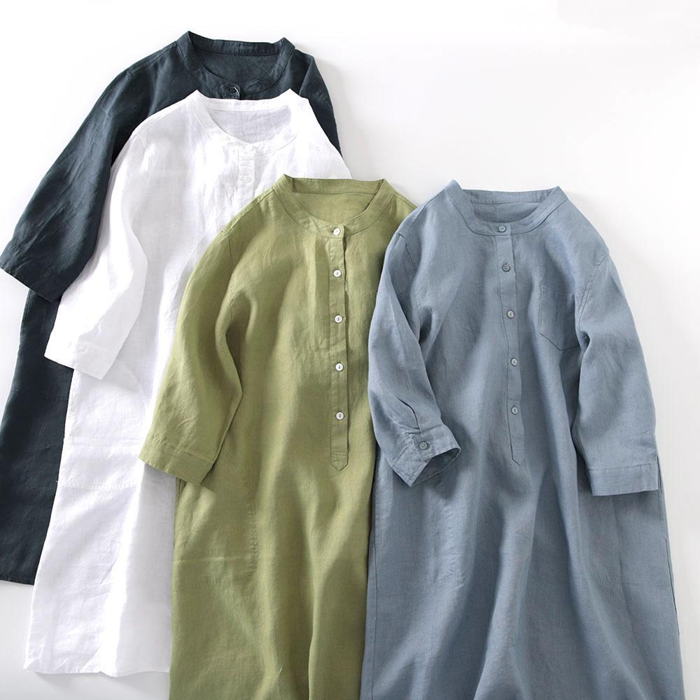 Casual Loose Linen Shirt Dress - Sukienka koszulowa damska w stylu japońskim
