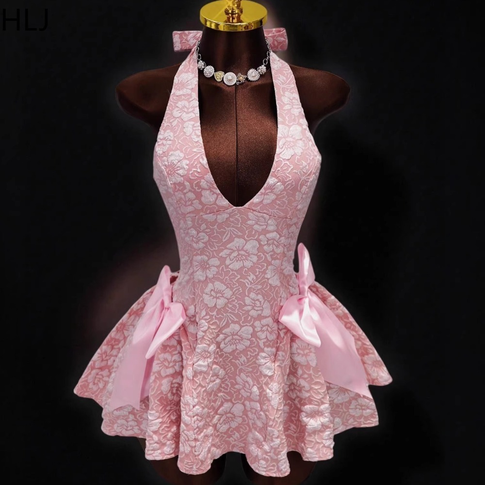 Y2K Backless Halter Mini Dress - Sukienki HLJ Y2K Sexy Jacquard Patchwork