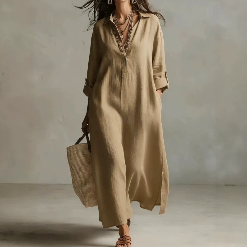 Damska lniana sukienka koszulo – Casual Loose Linen Shirt Dress recenzja i cena
