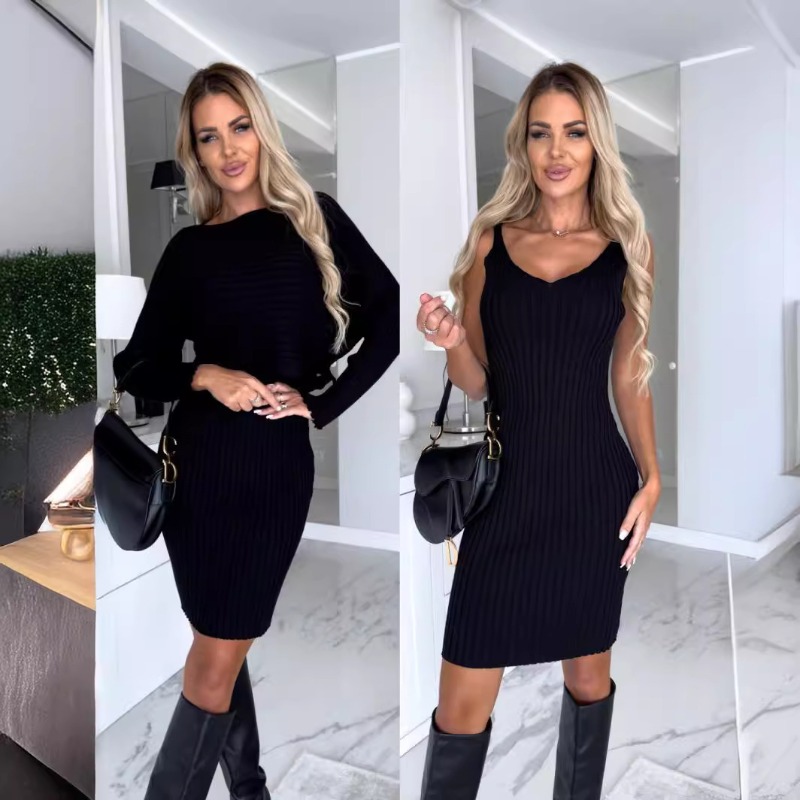 Jesienny Nowy Seksowny Zestaw  – Bodycon Long Sleeve Ribbed Dress recenzja i cena