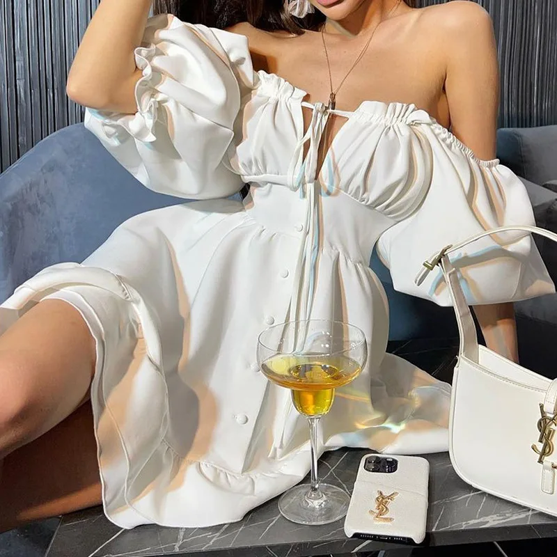 Damskie letnie sukienki mini z – Off Shoulder Puff Sleeve Sundress recenzja i cena