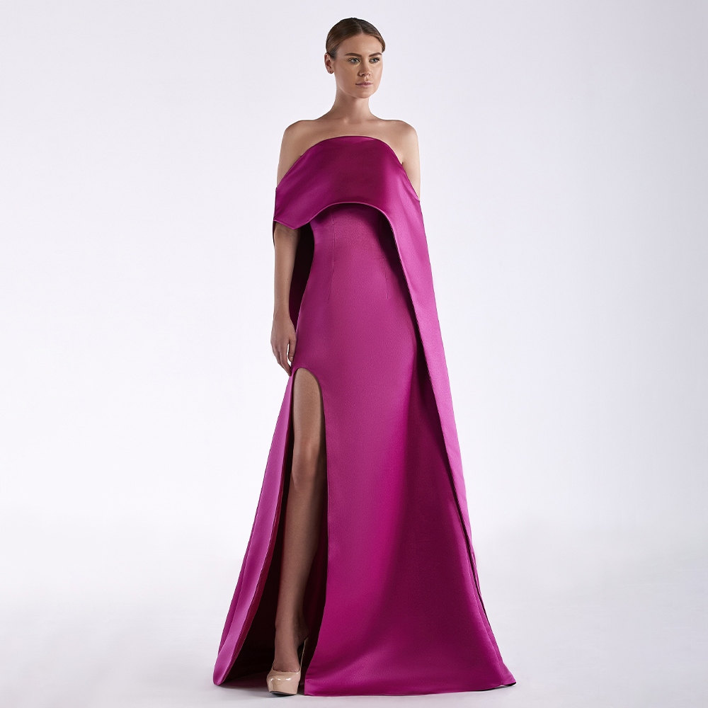 Fuksja satynowa suknia wieczor – Elegant Satin Evening Gown Split recenzja i cena