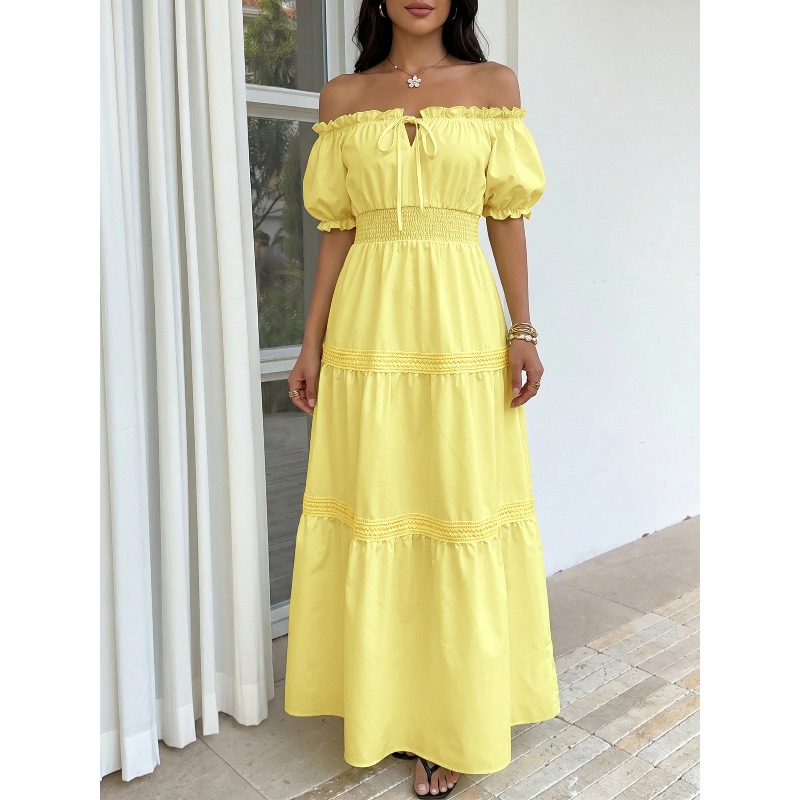 Letnia, bohemiczna, żółta suki – Off Shoulder Puff Sleeve Sundress recenzja i cena