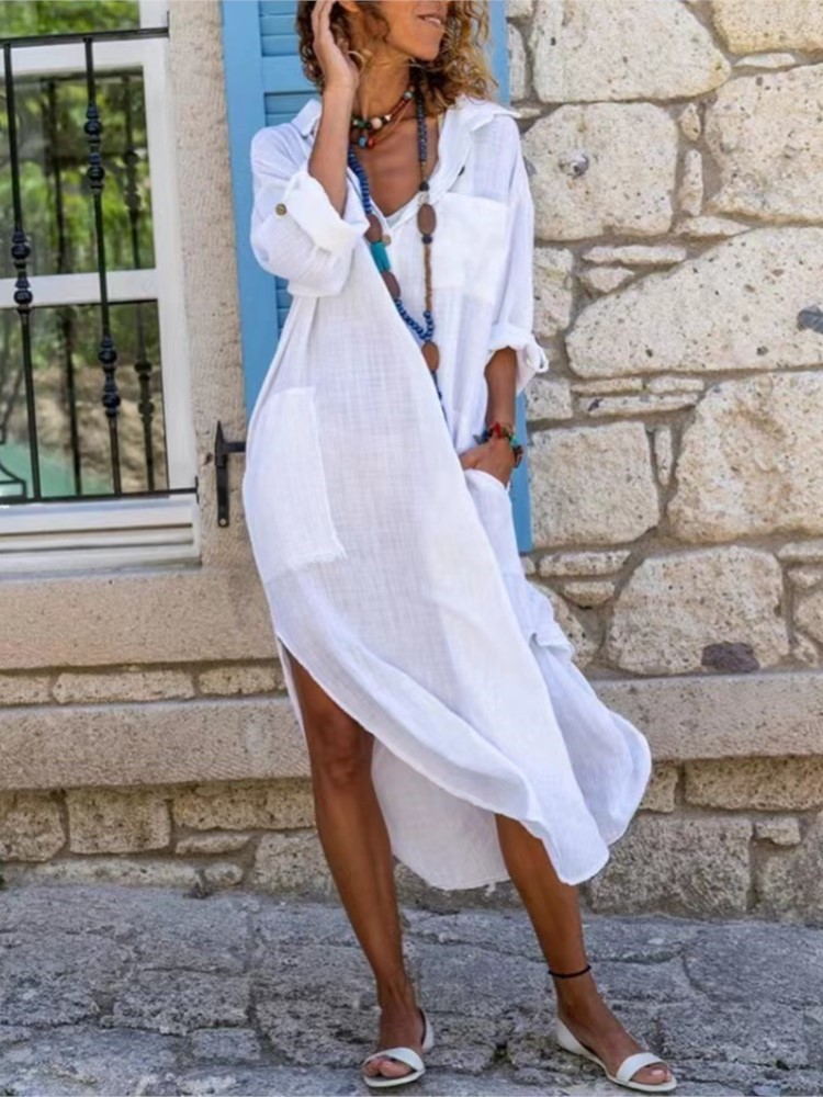 Biała damska sukienka koszulow – Casual Loose Linen Shirt Dress recenzja i cena