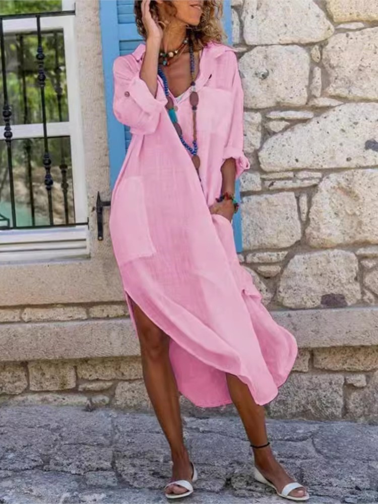 Biała damska sukienka koszulow – Casual Loose Linen Shirt Dress recenzja i cena
