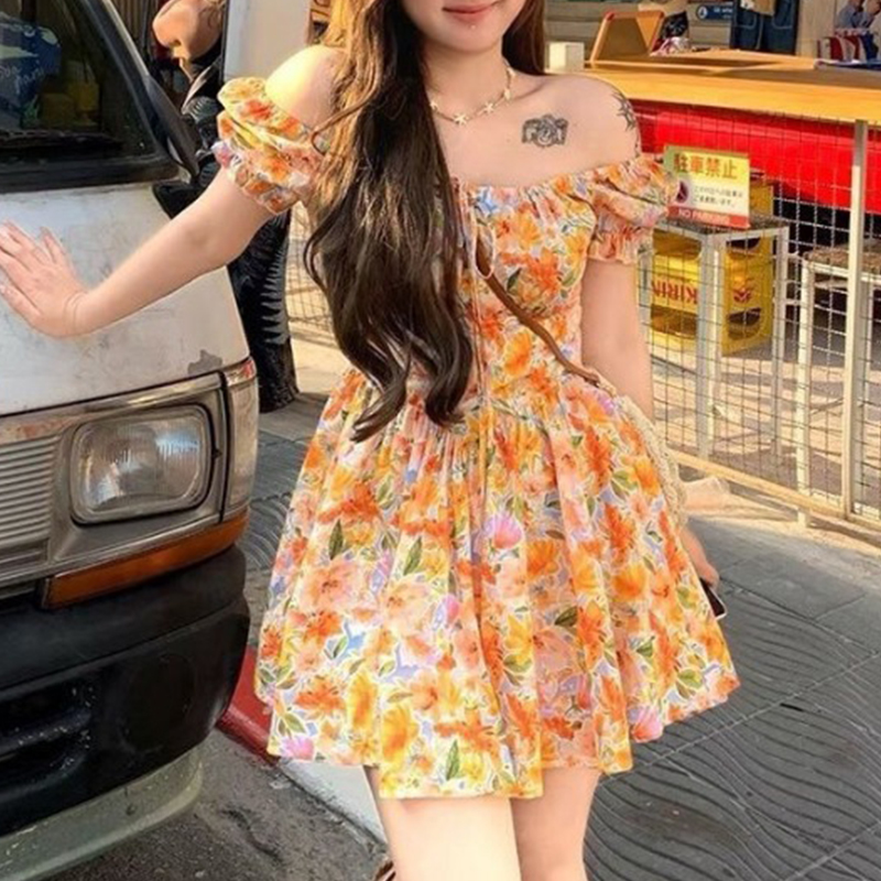 Wyprzedaż! Pomarańczowa sukien – Off Shoulder Puff Sleeve Sundress recenzja i cena